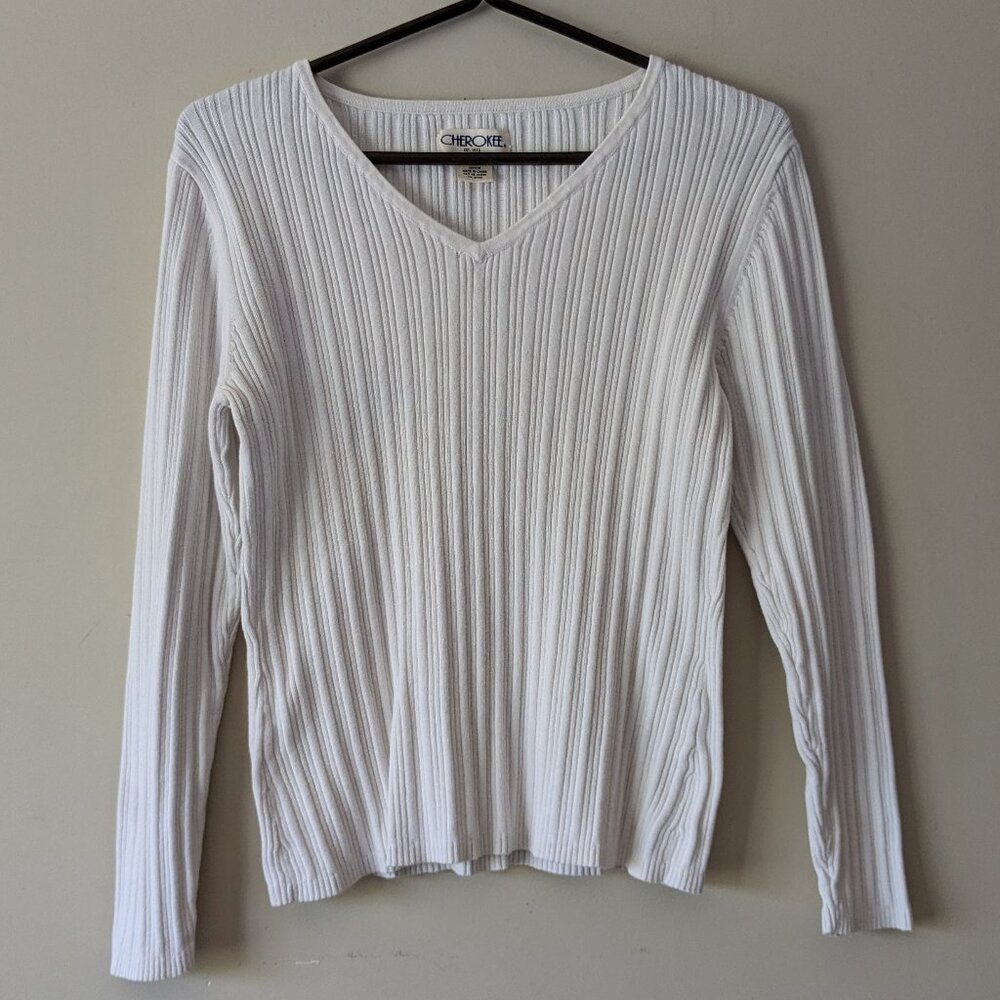 White Ribbed Long Sleeve Sweater